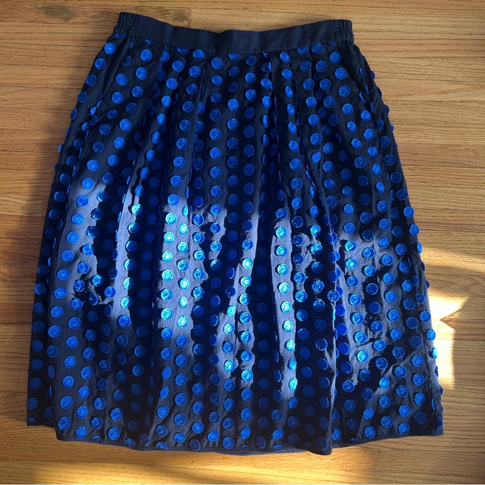 J. Crew Blue on Black Medallion Polka Dot Midi Skirt Sz 12